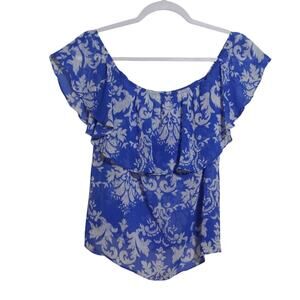 Show Me your Mumu Blue Floral Ruffle Off-Shoulder Semi Sheer Top Size Small